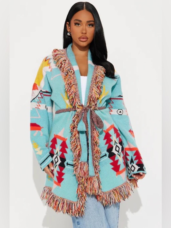 Fashion Nova Jackets & Blazers - Fashion Nova Turquoise Multicolor Aztec Fringe Cardigan
